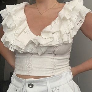 Zara white eyelet V-neck crop tank with collar.